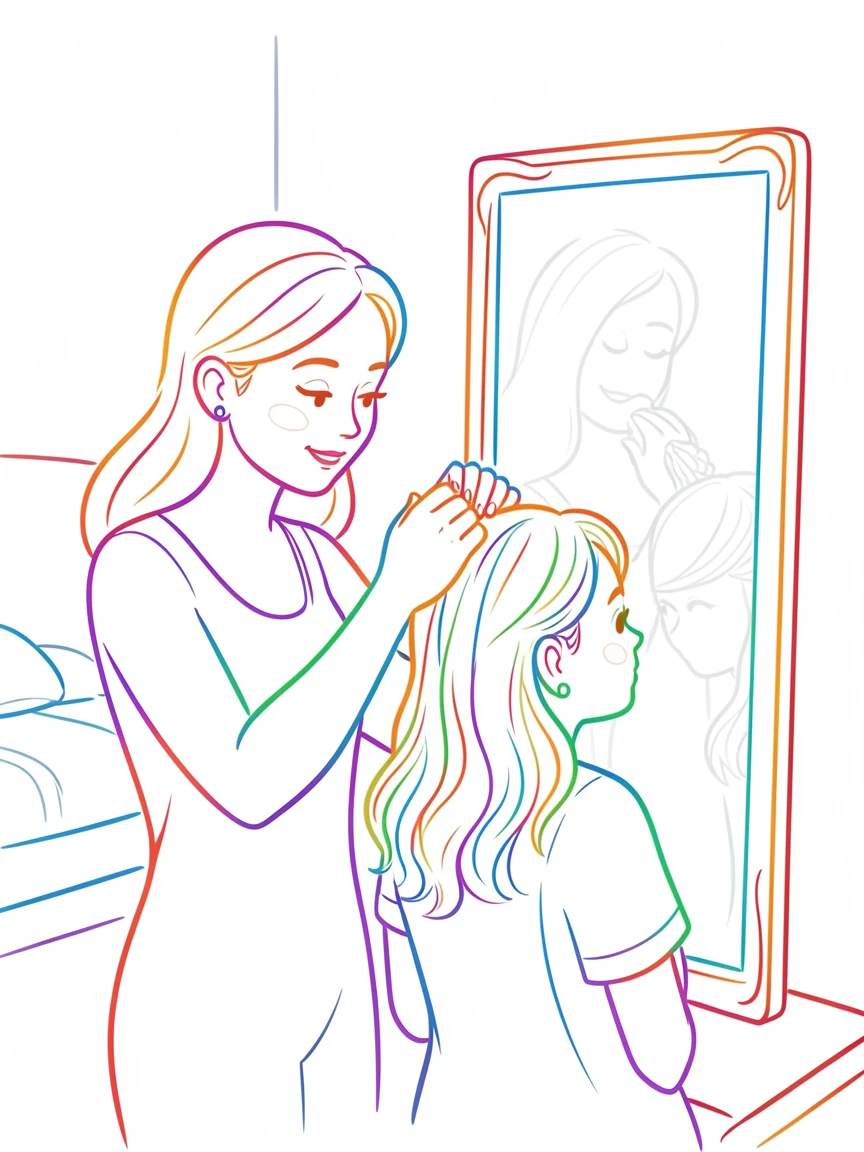 A mother braiding her daughter's hair in front of a bedroom mirror.