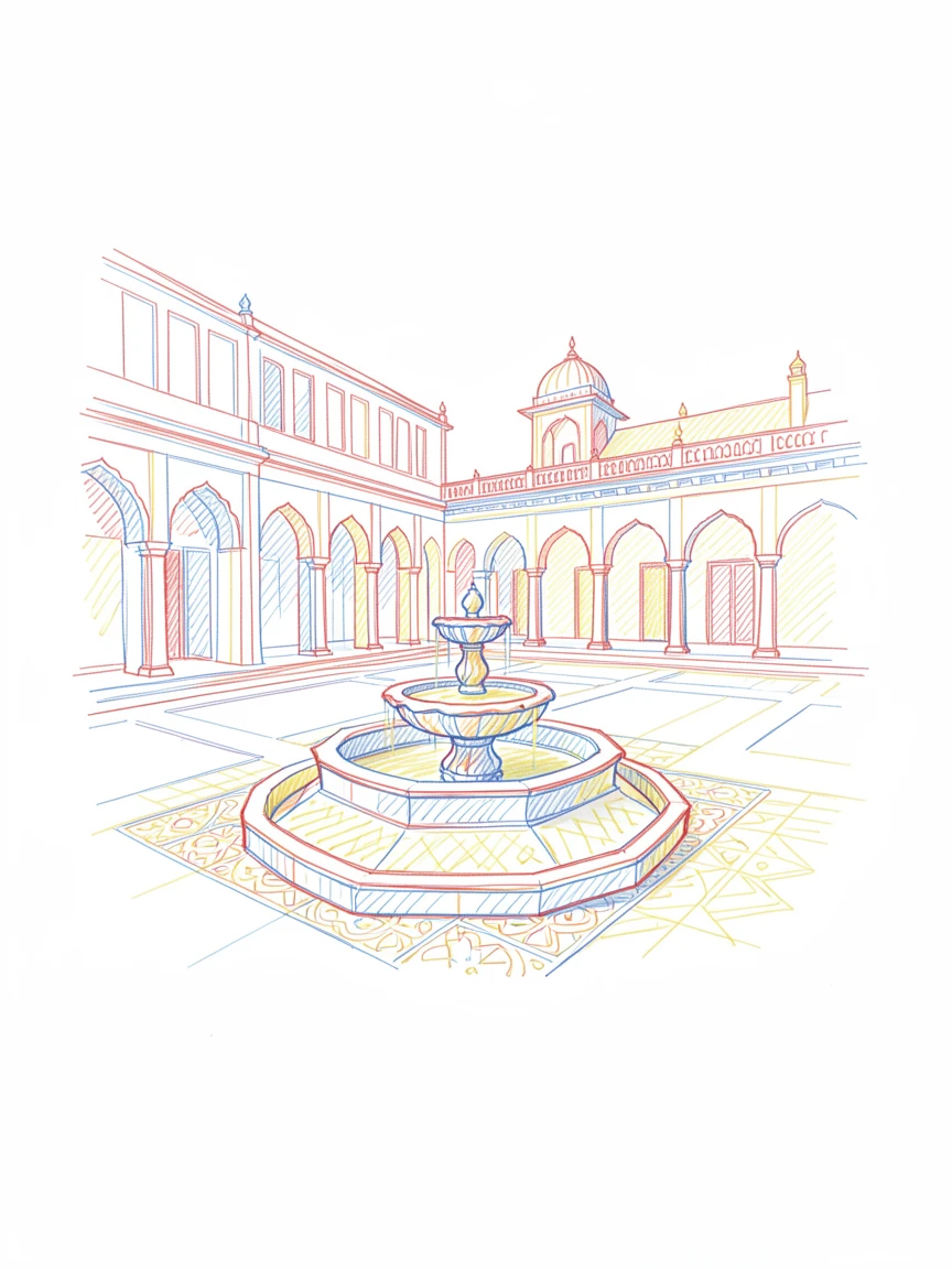 A grand palace courtyard with intricate tile work and a central fountain