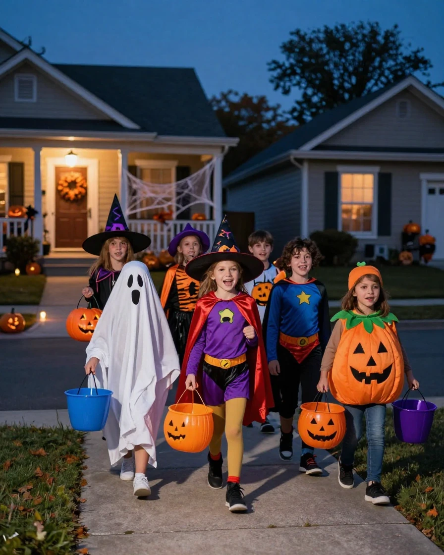 Children in costumes trick-or-treating under streetlights
