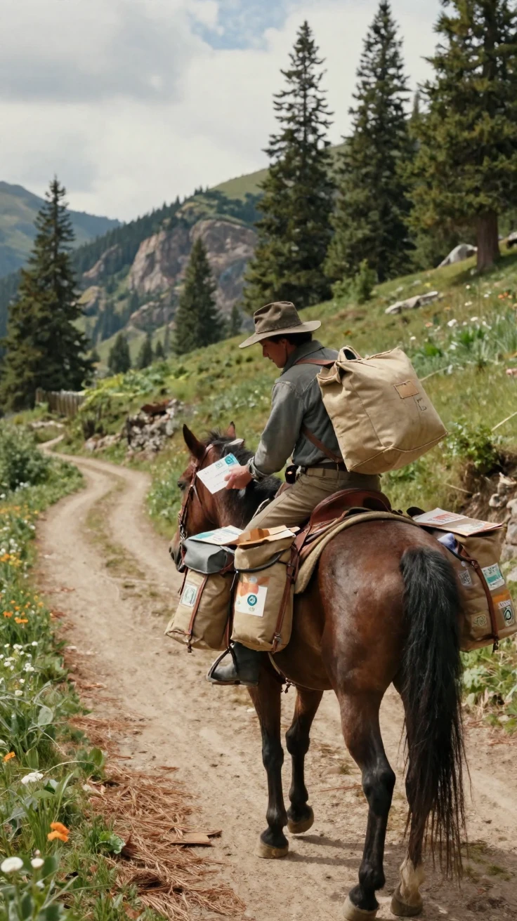 A rural mail carrier delivers packages by horseback along a mountain route.
