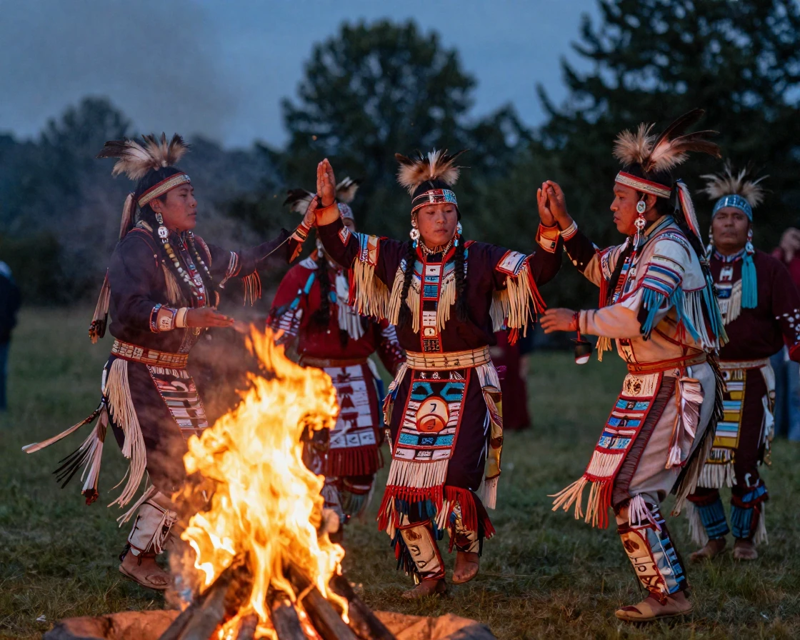 Native American dancers in full regalia performing around a ceremonial fire