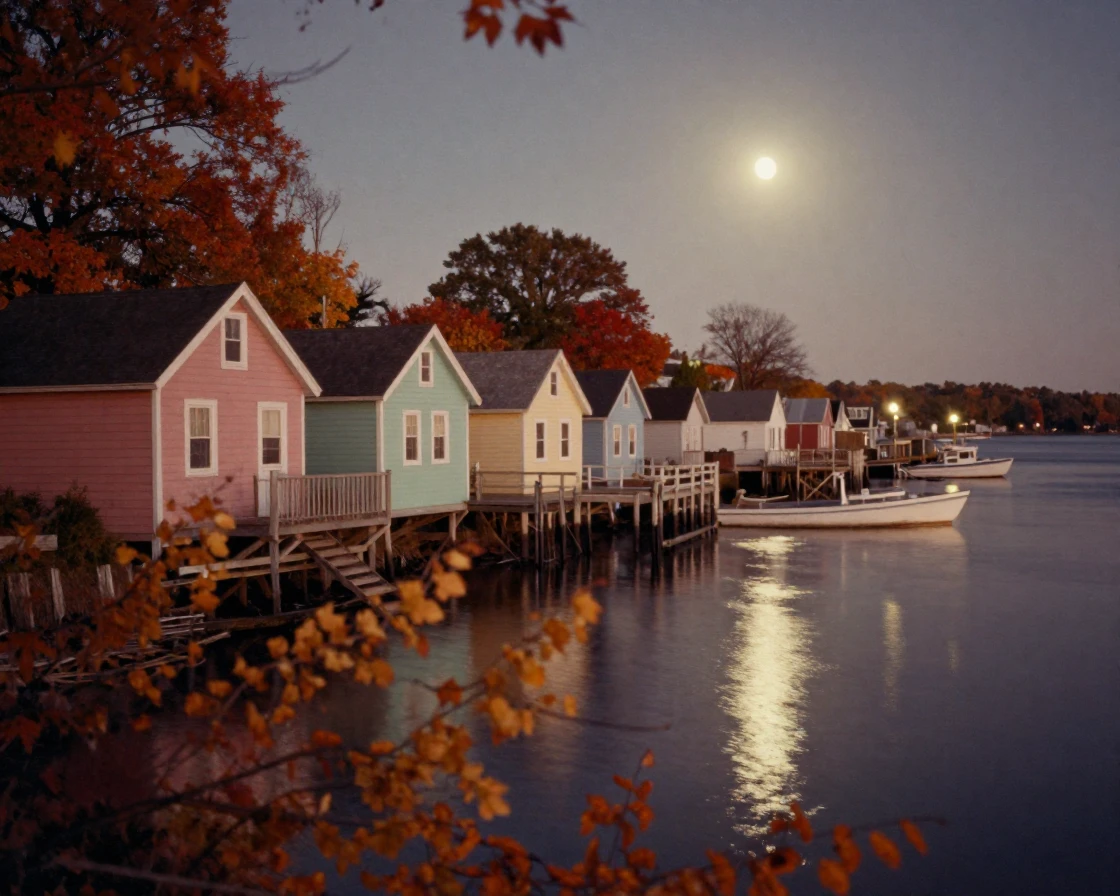 A row of pastel-colored fishing cottages along a quiet harbor, under moonlight, with a soft breeze stirring the air, in the mild days of early autumn, dominated by warm amber and rust tones, peering through foliage in the foreground.