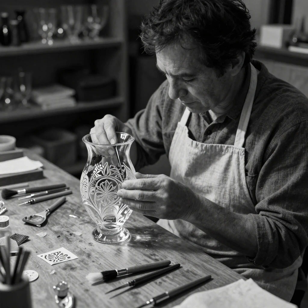 A glass artisan etches a delicate pattern into crystal at a quiet workbench.