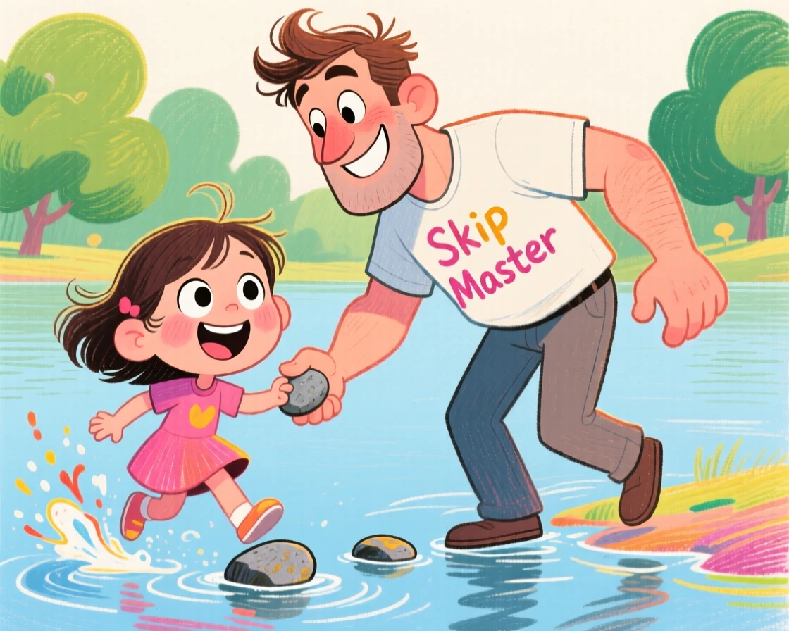 A father teaching his daughter to skip stones across a calm lake.