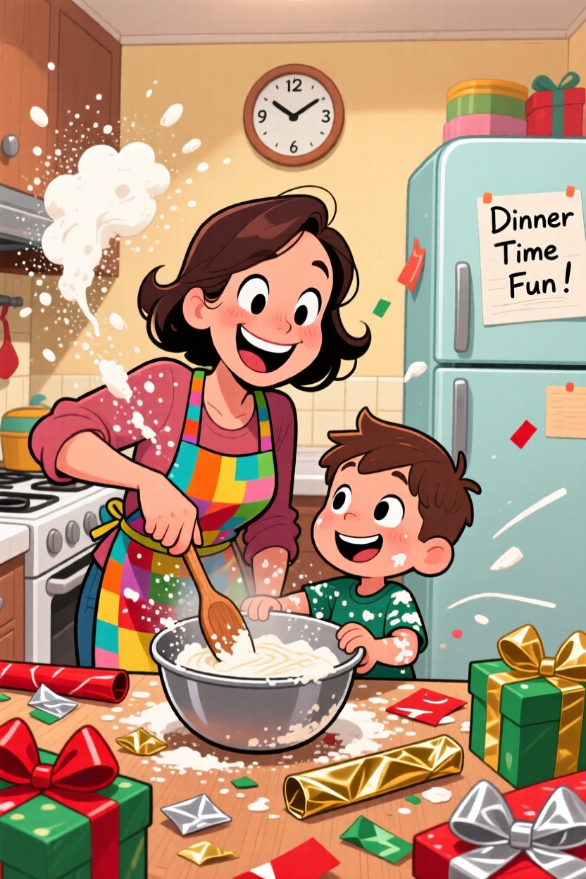 A heartwarming scene of a single mother and her son cooking a meal together in a cramped kitchen, flour flying everywhere, surrounded by scattered wrapping paper and bows.
