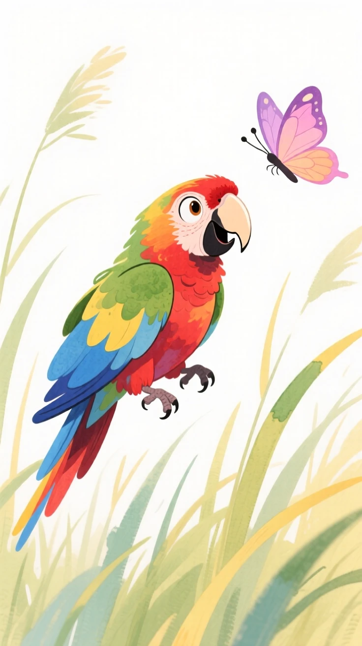 A colorful parrot chasing a butterfly through tall grass