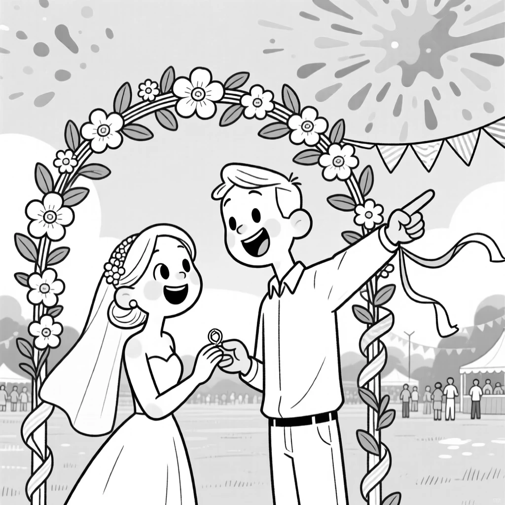 A couple exchanging rings under a flower-draped arch, pointing excitedly as colors burst across the sky, set in a park during a summer festival. Paper streamers flutter from a nearby archway. The scene overflows with communal joy and tradition.