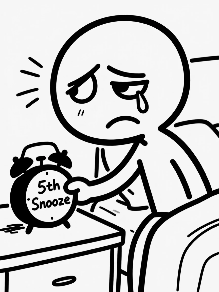 Someone hitting snooze on their alarm for the fifth time, one eye barely open.