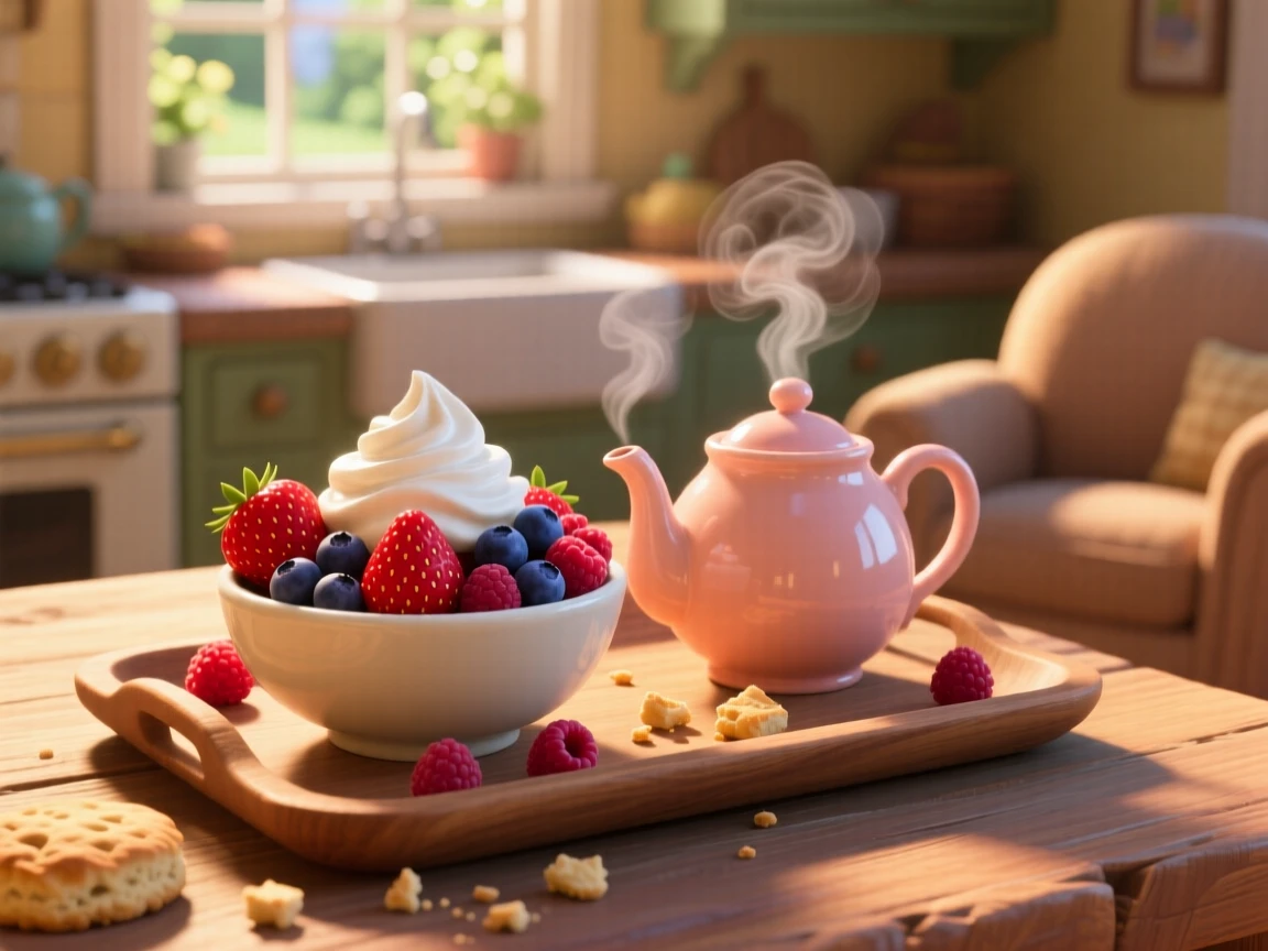 A bowl of fresh mixed berries with cream sits on a tray beside a steaming teapot, with a few crumbs scattered artfully around. The scene feels inviting, warm, and delicious.