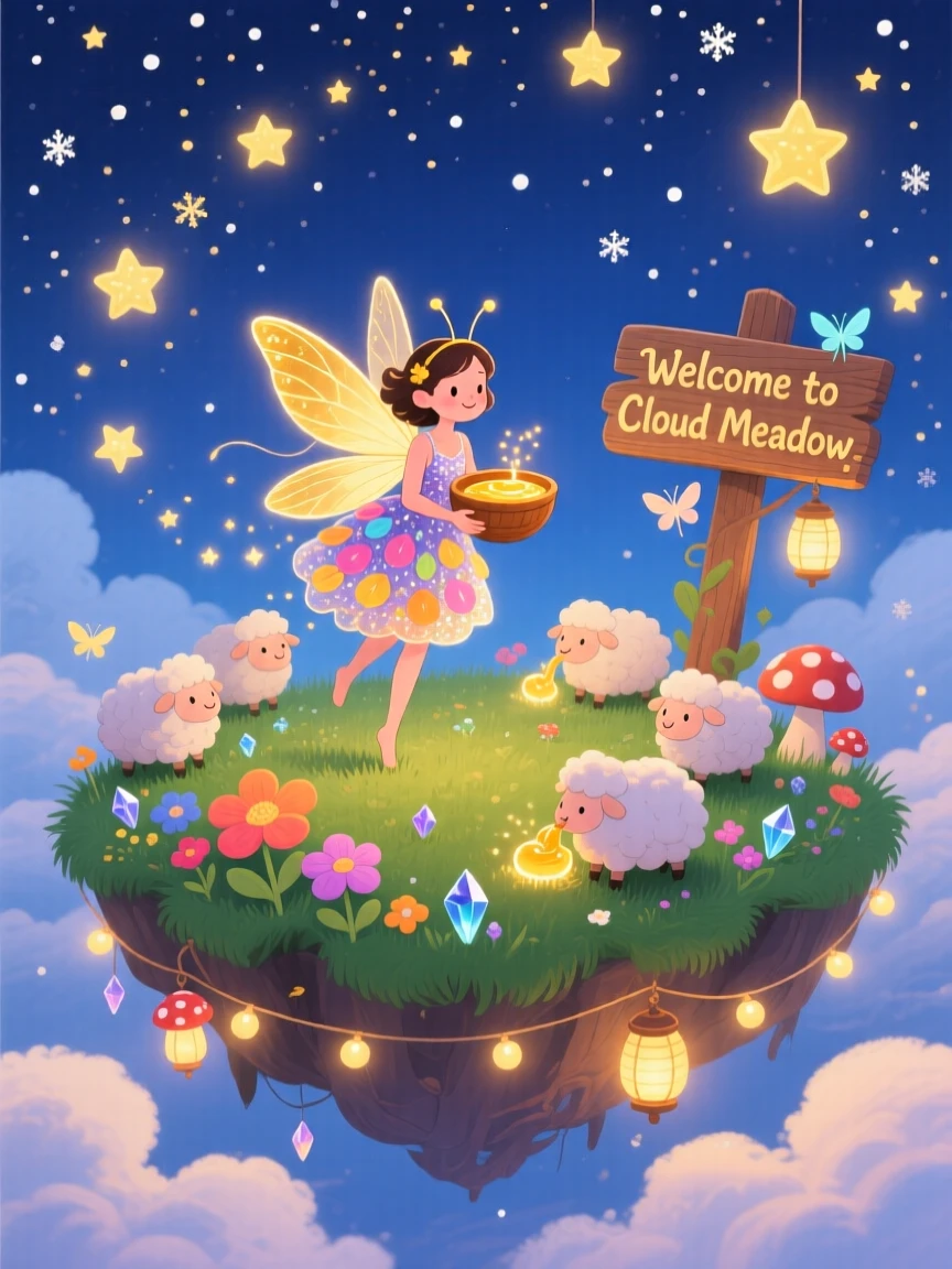 Deep within a floating island in the clouds, a firefly fairy spends the evening feeding a flock of tiny cloud sheep, as tiny stars fall like snow.