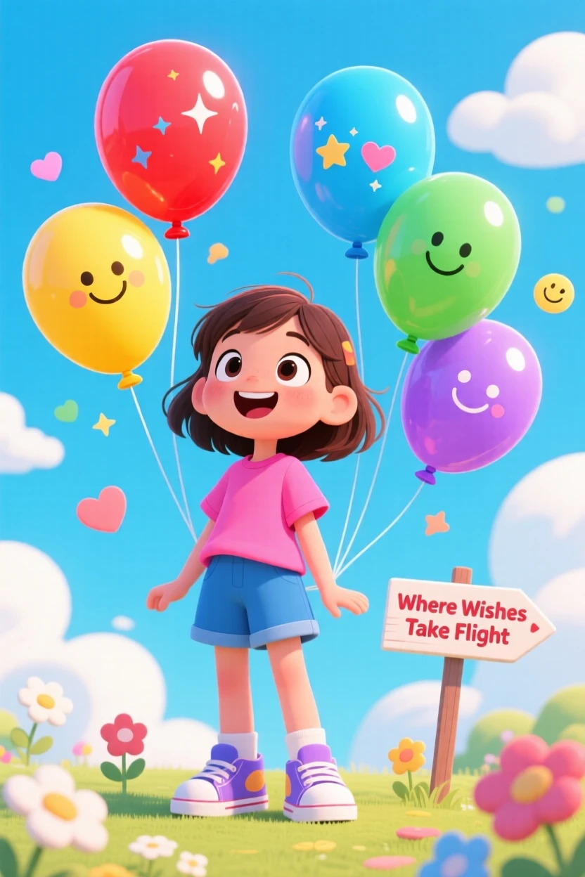 A girl imagining a world where every wish becomes a floating balloon.