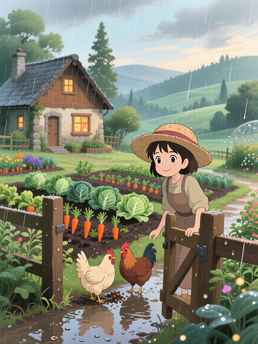 A farmhouse surrounded by neatly kept vegetable gardens, with chickens wandering freely near a garden gate, during a light spring shower.