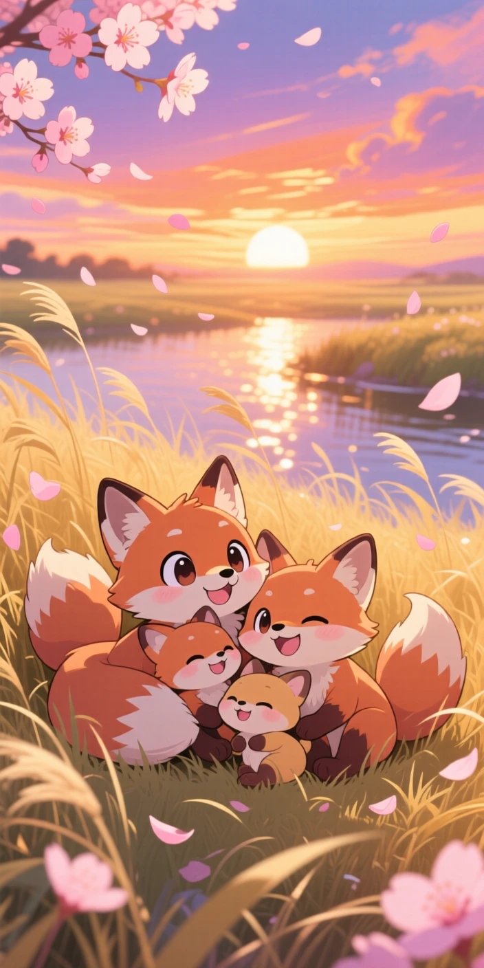 In a windswept prairie at sunset, a fox family is resting together in tall golden grass as cherry blossom petals drift on the breeze, bathed in shimmering reflected light off water, expression full of delighted joy. Shot as a three-quarter view.