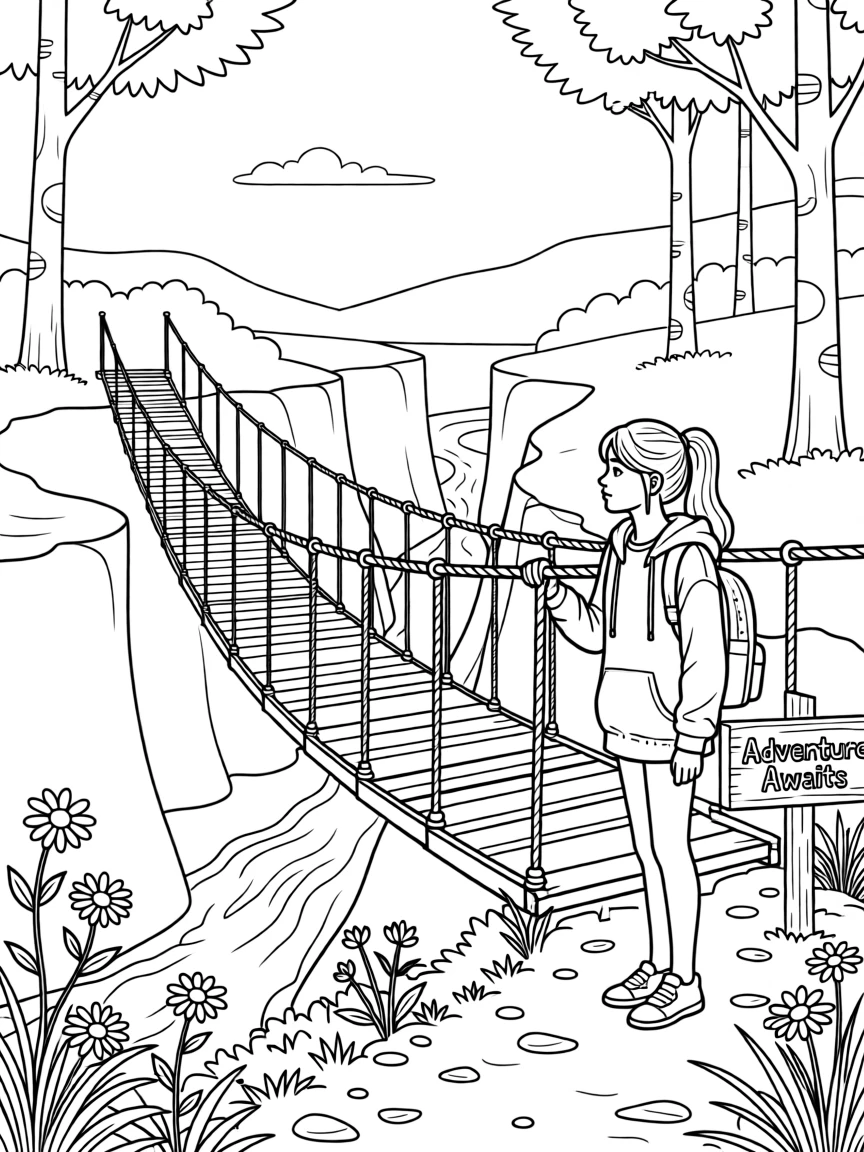 A rope bridge stretching across a deep forest gorge, with wildflowers scattered along the trail.