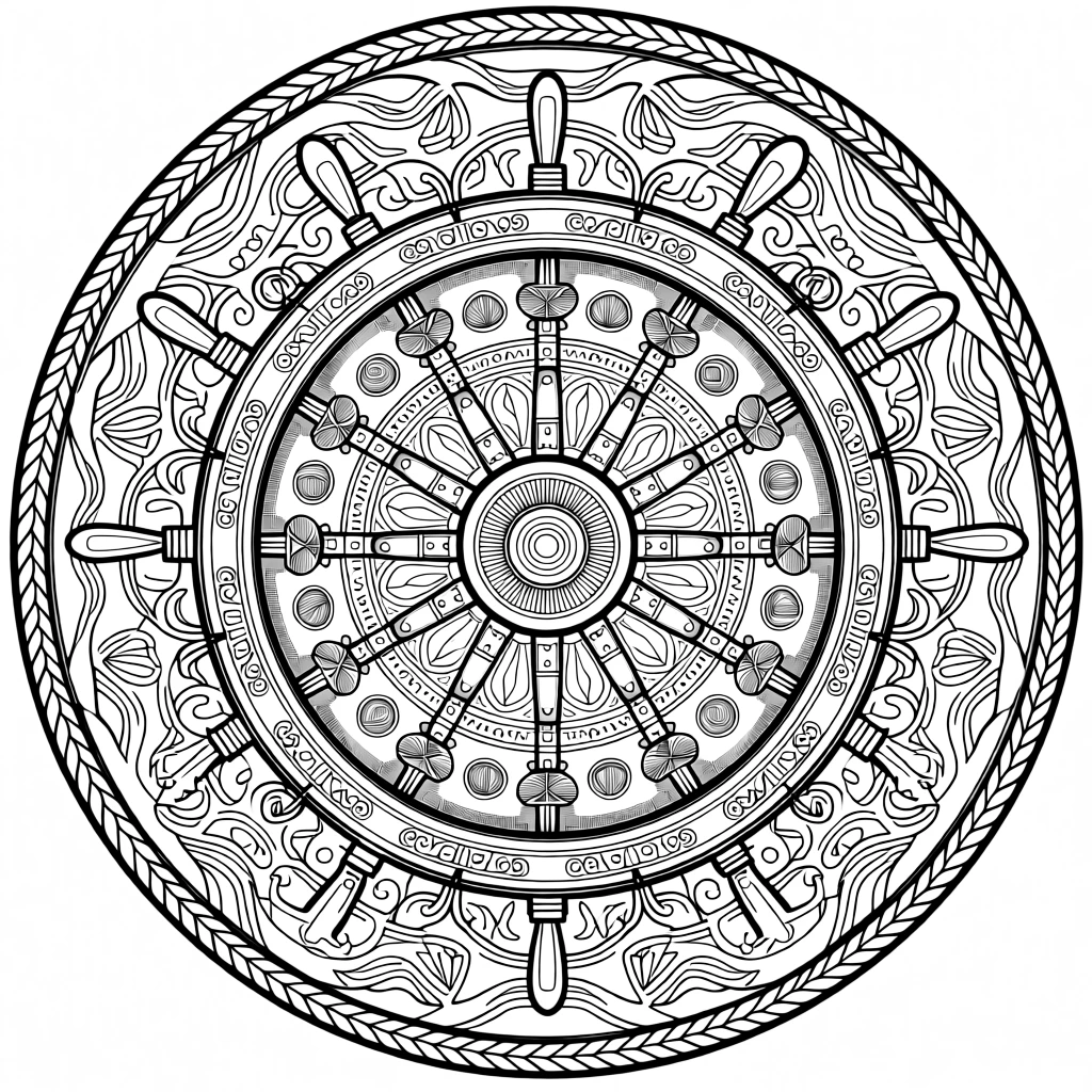 A mandala shaped like a ship's helm wheel with rope trim.