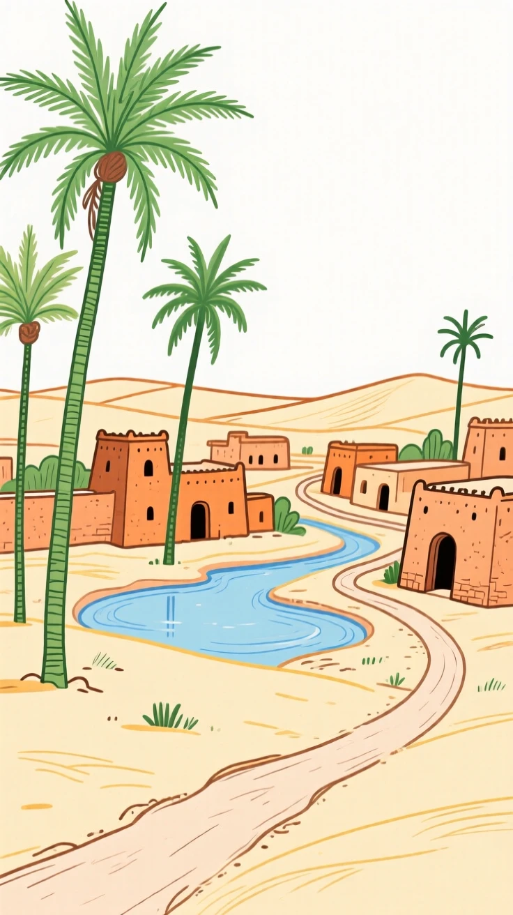 A desert oasis town with palm trees and clay buildings.