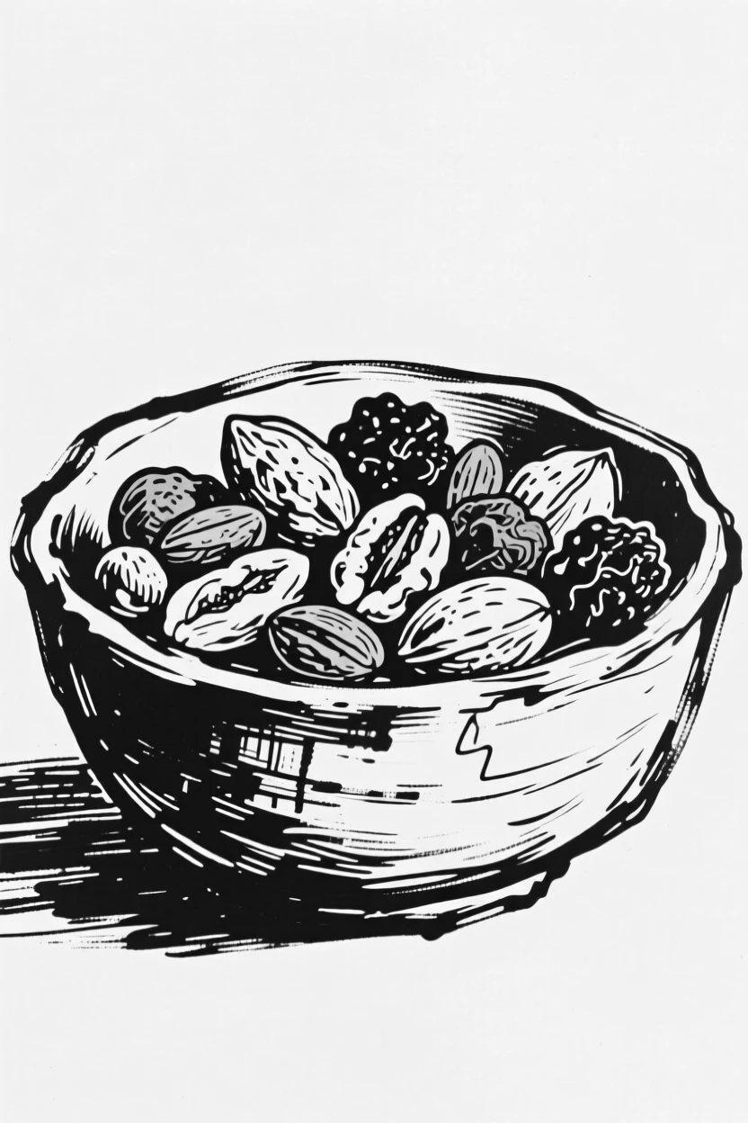 A rustic bowl of mixed nuts and dried fruits.