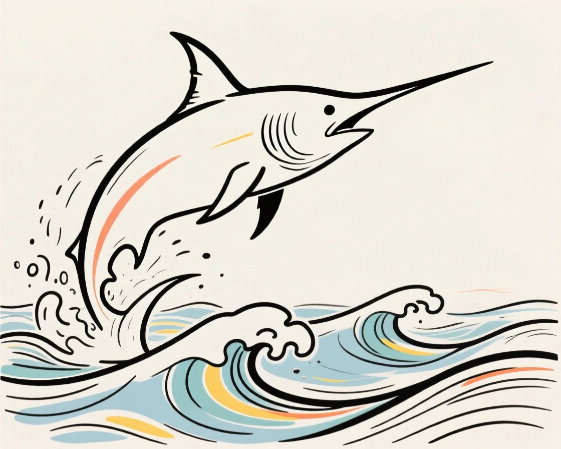A swordfish leaping dramatically out of choppy ocean waves.
