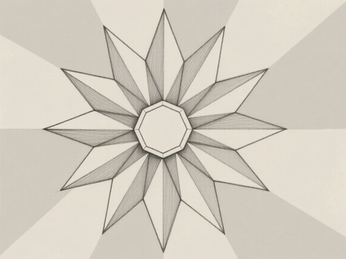 A radiating burst of triangular facets from a central point