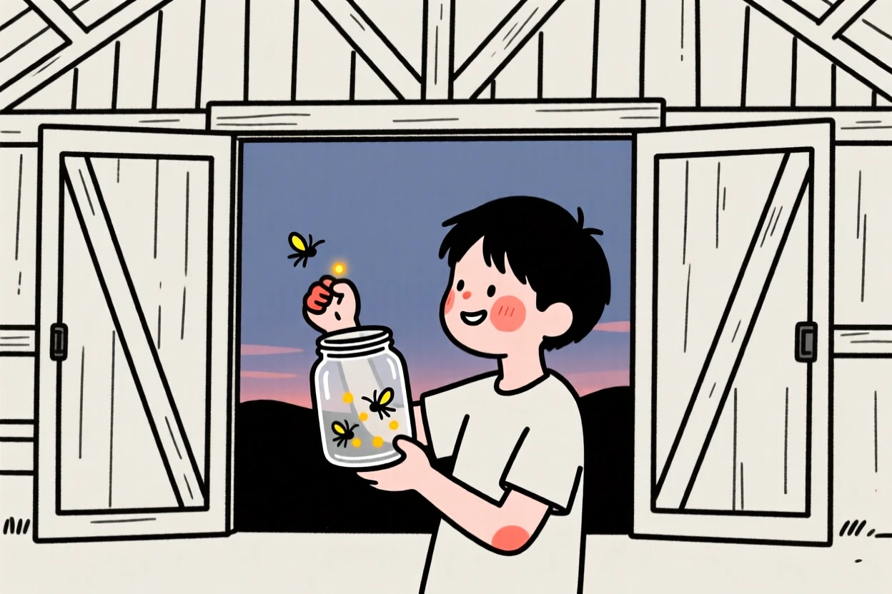 A teenager catching fireflies in a jar at dusk, in a rustic barn.