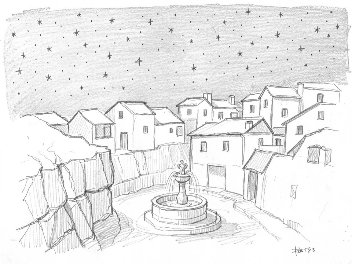 A stunning view of a whitewashed cliffside village under a starlit sky, with a quiet fountain at its center.