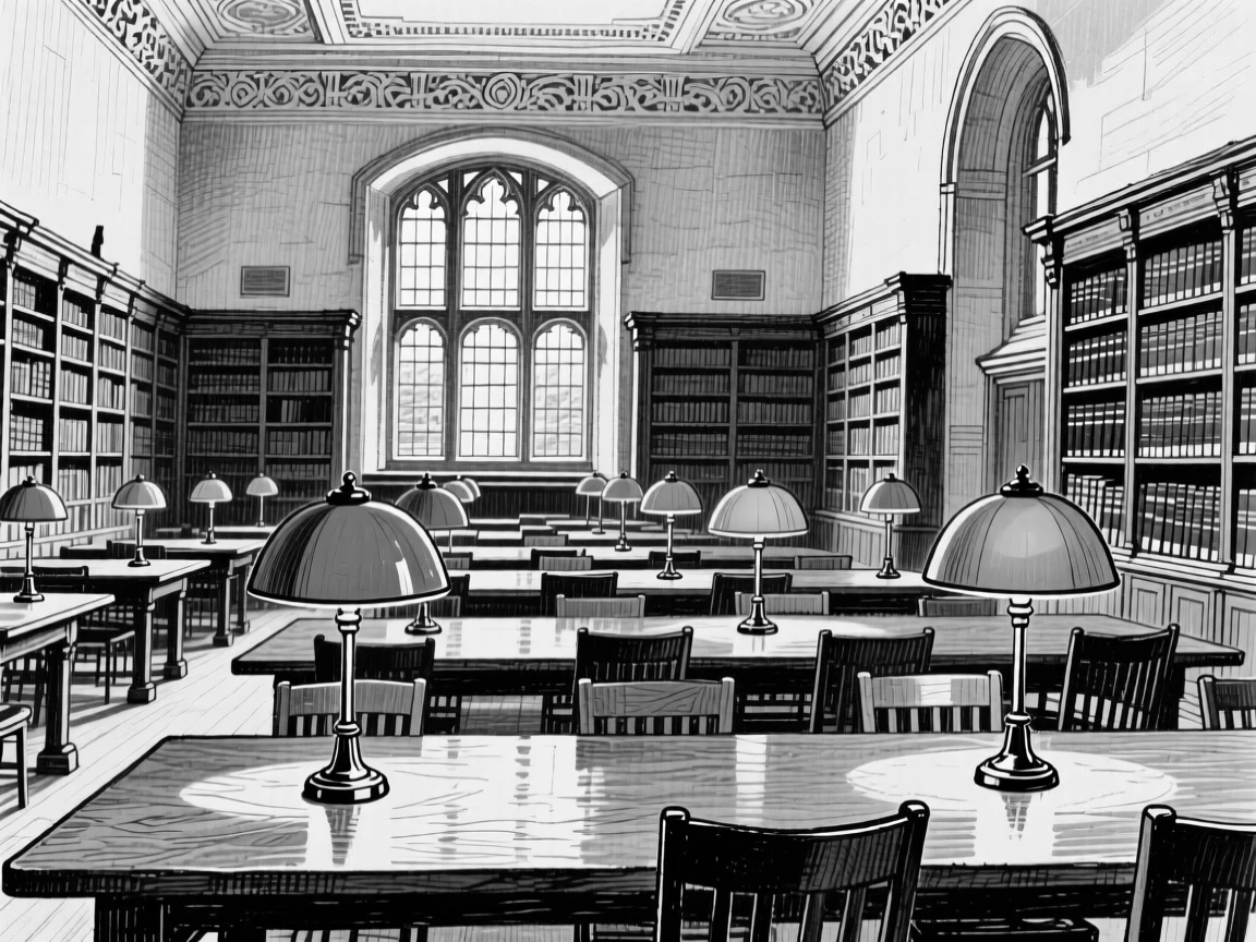 A grand university library reading room with long wooden tables and green lamps.