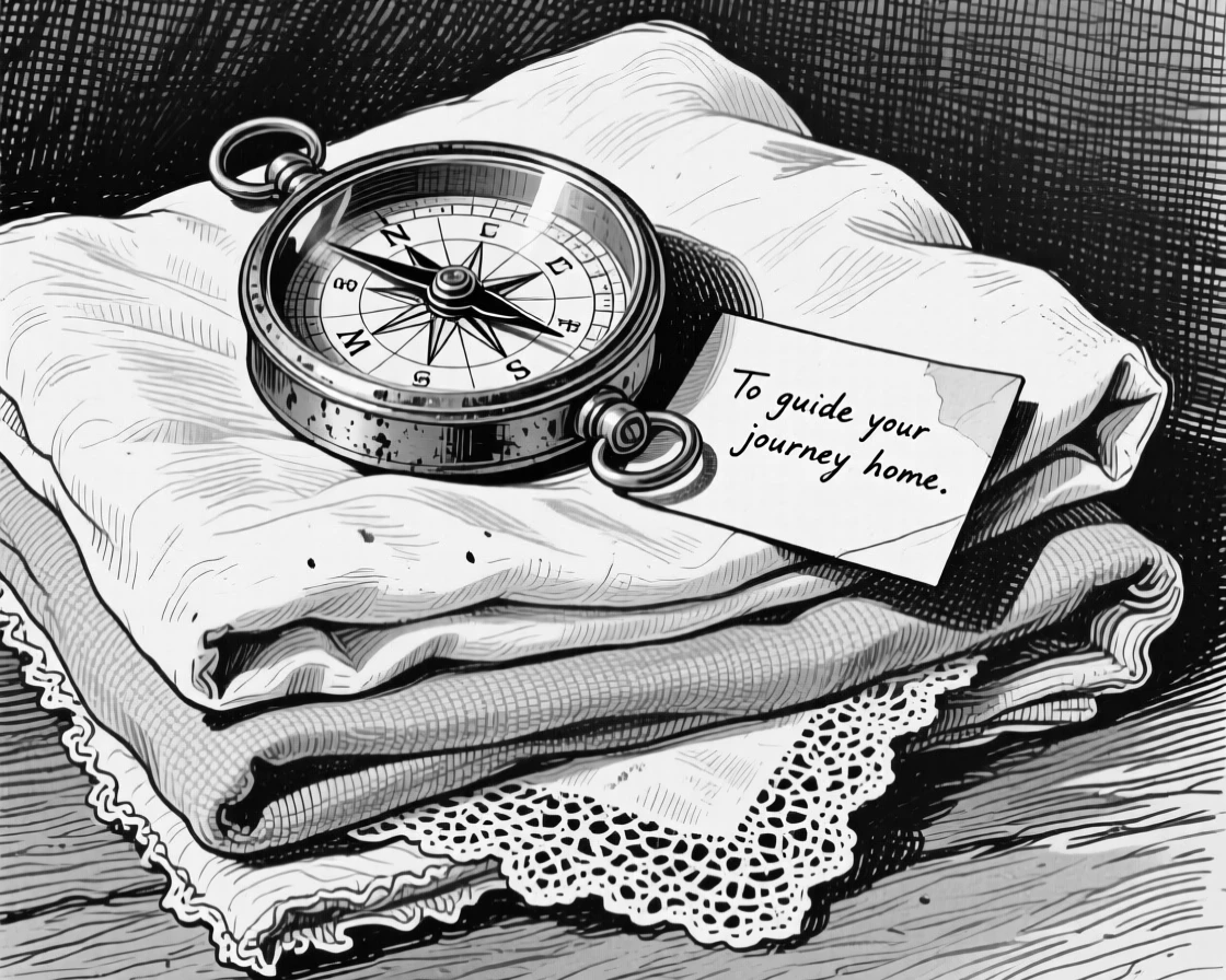 An old brass compass sitting atop a stack of folded linens, with a folded note tucked alongside it, forming a cozy and intimate still-life study.