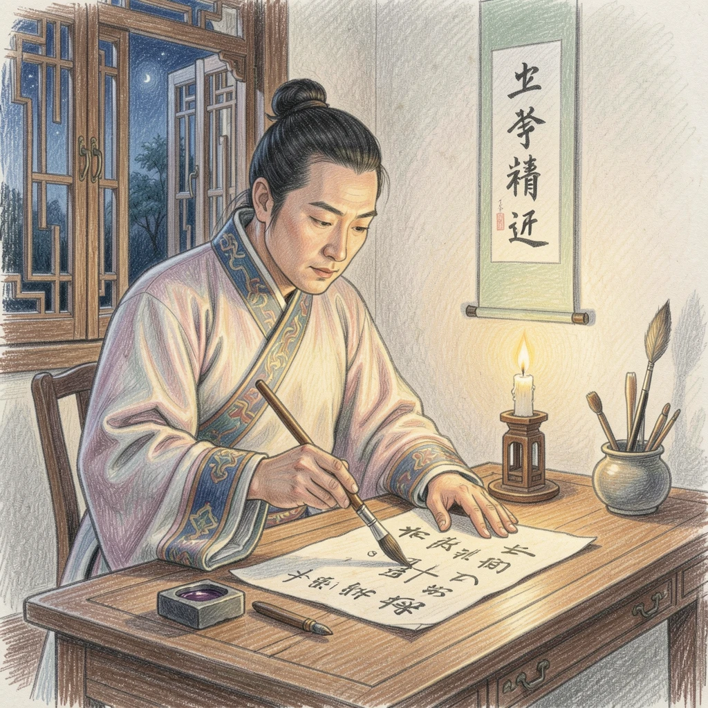 A traditional Chinese calligrapher practicing brushstrokes by candlelight, with careful attention to period-accurate clothing and setting, capturing the grandeur of a bygone era.