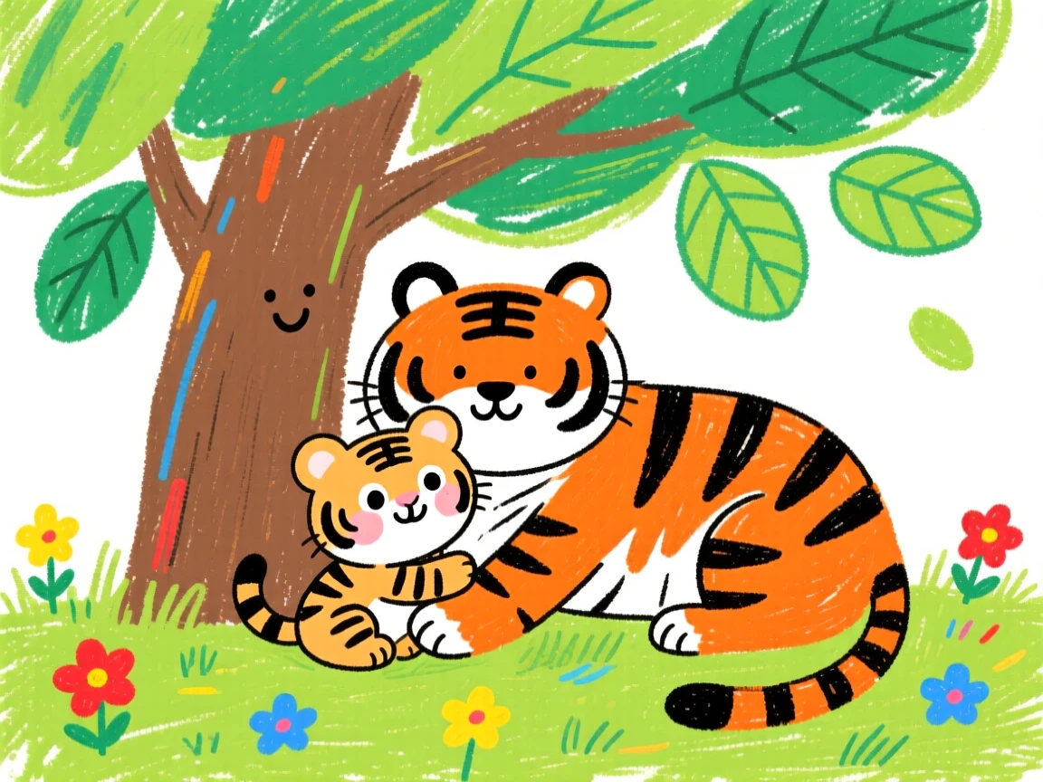 A striped baby tiger cuddled beside its mother under a shady tree.