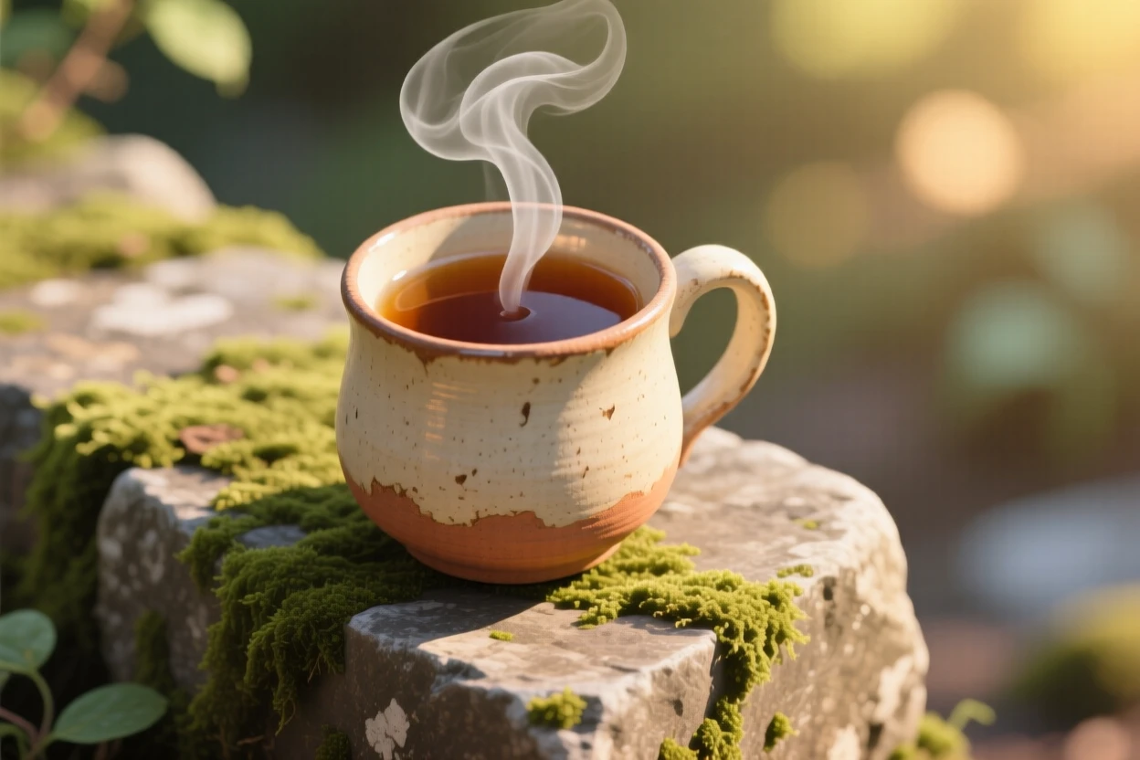A hand-thrown ceramic mug filled with steaming tea, placed on a mossy stone ledge outdoors, shown from a slightly elevated angle, with soft golden light highlighting fine craftsmanship.