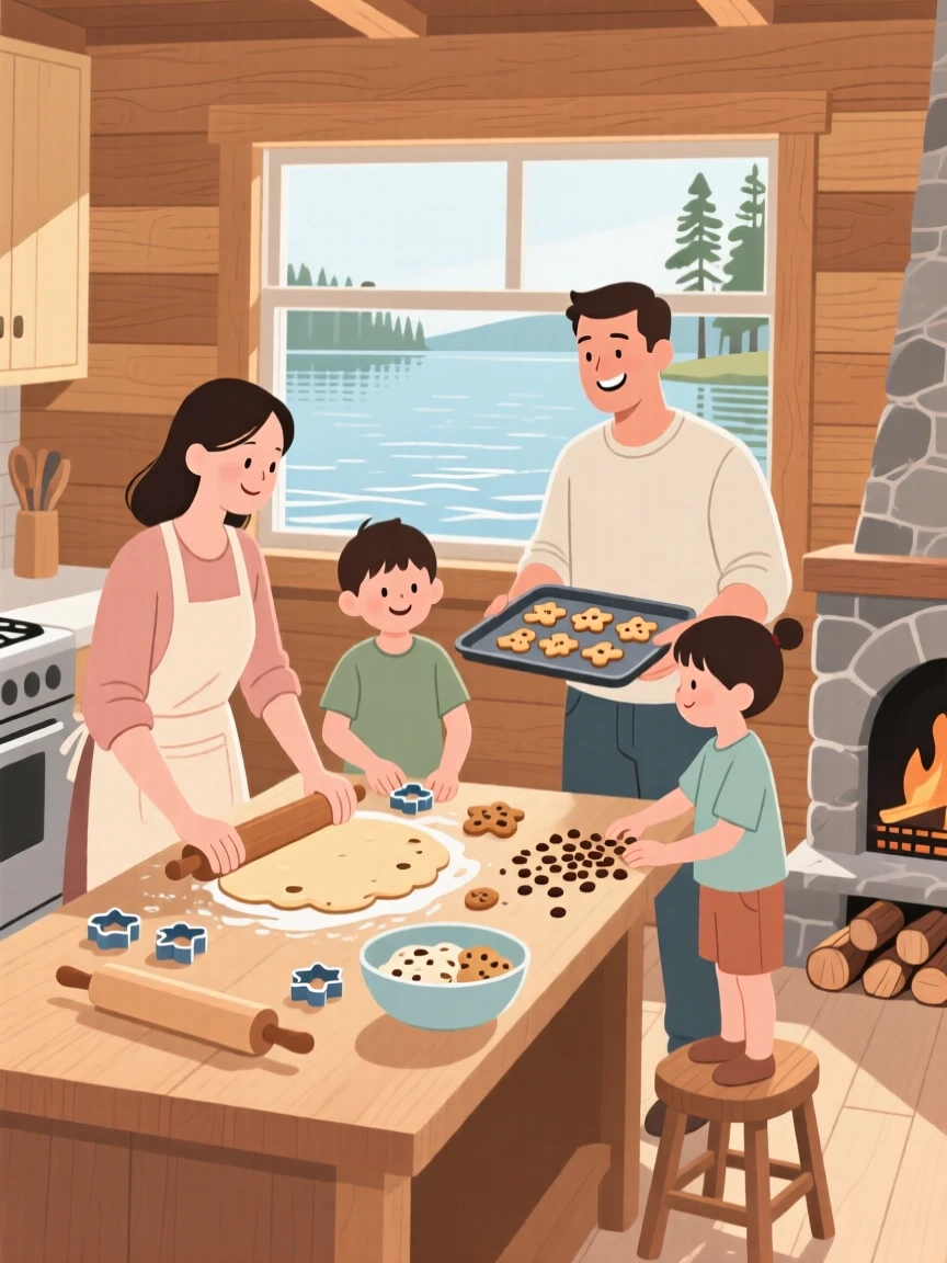A family baking cookies together at a lakeside cabin.