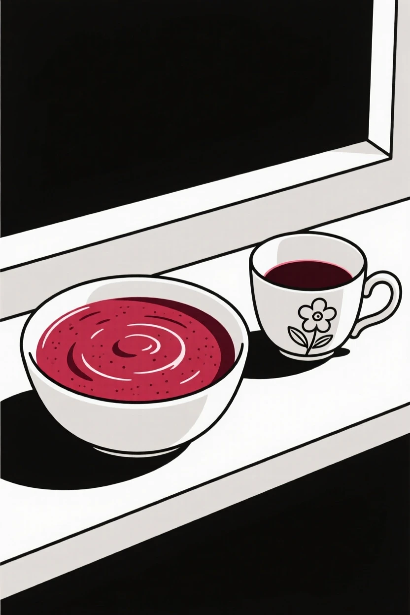 A close-up of bowl of berry smoothie arranged beside a vintage teacup in a café windowsill, full of fresh vibrance.