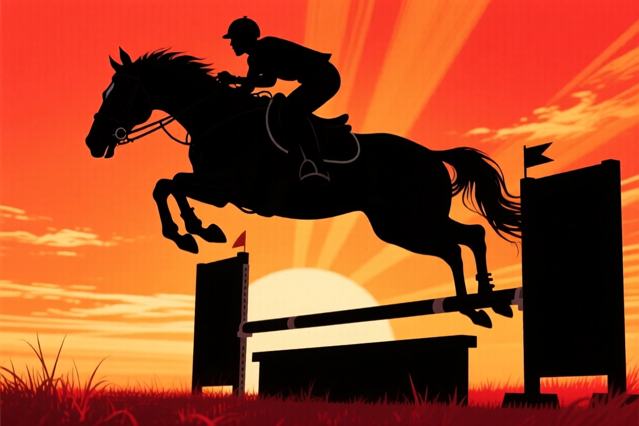 A horseback rider clearing a jump at full gallop during a competition.
