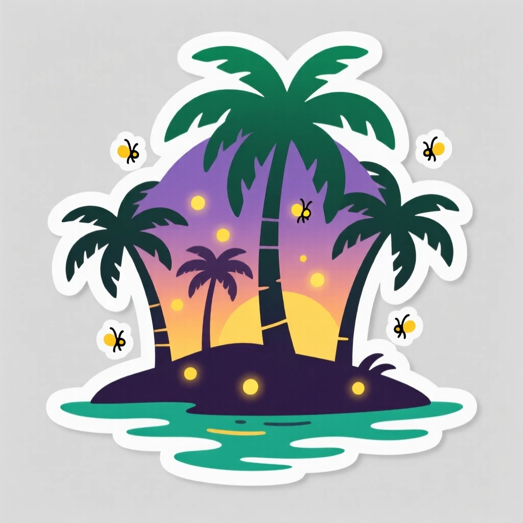 A vibrant tropical island with palm trees, with fireflies glowing softly in the dusk, where the air feels crisp and fresh.