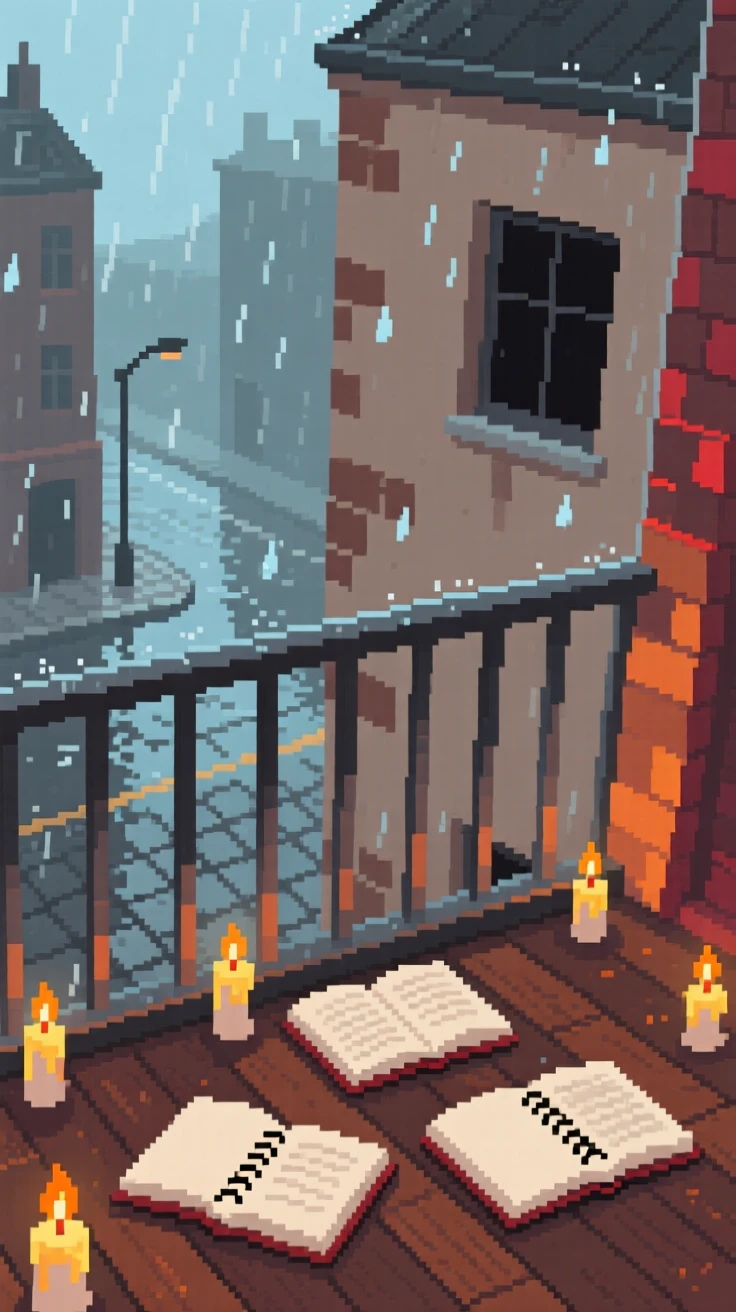 A rooftop balcony surrounded by candles and open sketchbooks, in a loft apartment above a rainy street.