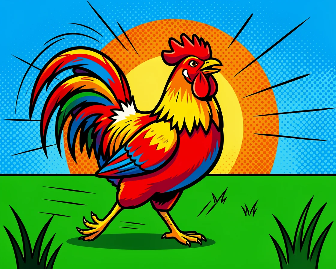 A proud rooster at sunrise bounding playfully across an open field