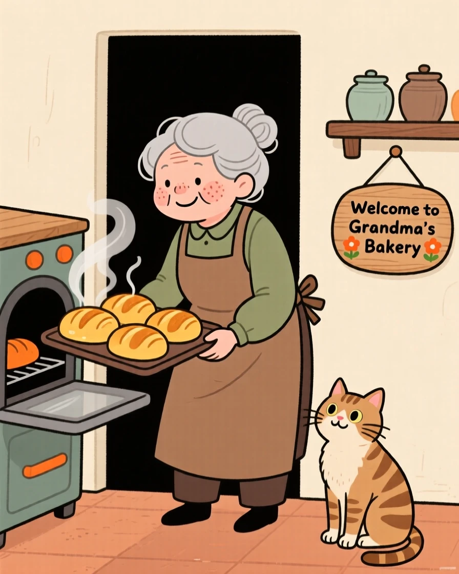 A grandmother pulls a tray of golden loaves of bread from the oven in a small bakery, steam rising as a cat watches from the doorway.
