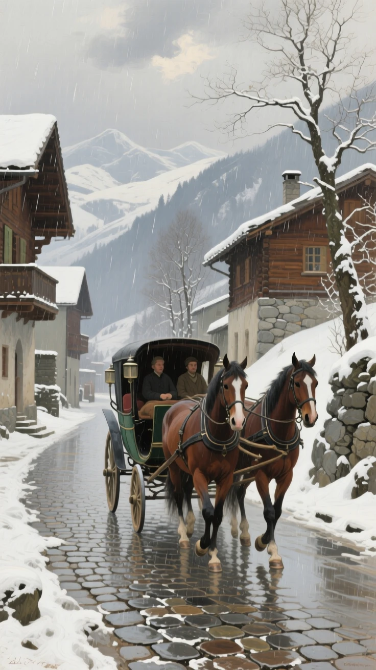 A balanced composition of a horse-drawn carriage rattling along a cobblestone street in the rain, in the quiet stillness of midwinter, in the Swiss Alps.
