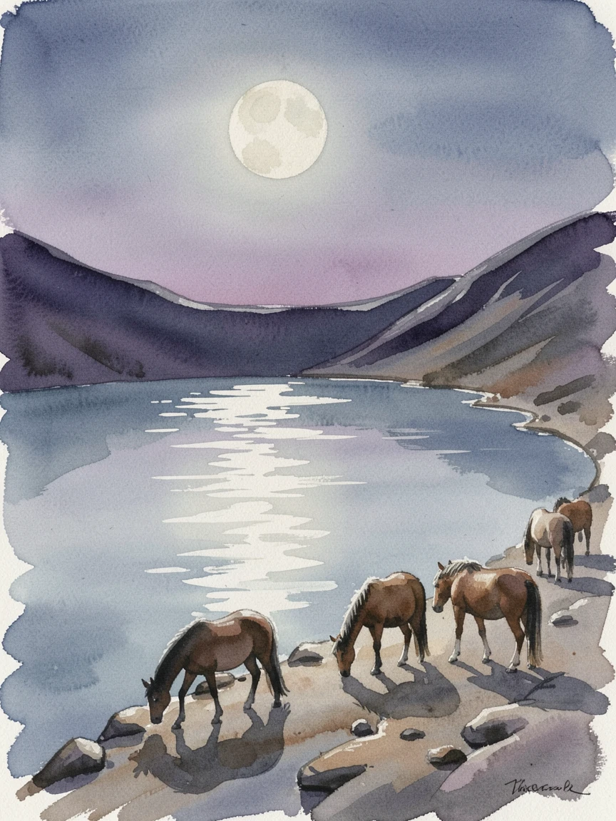 A volcanic crater lake under a full moon with wild horses grazing nearby.