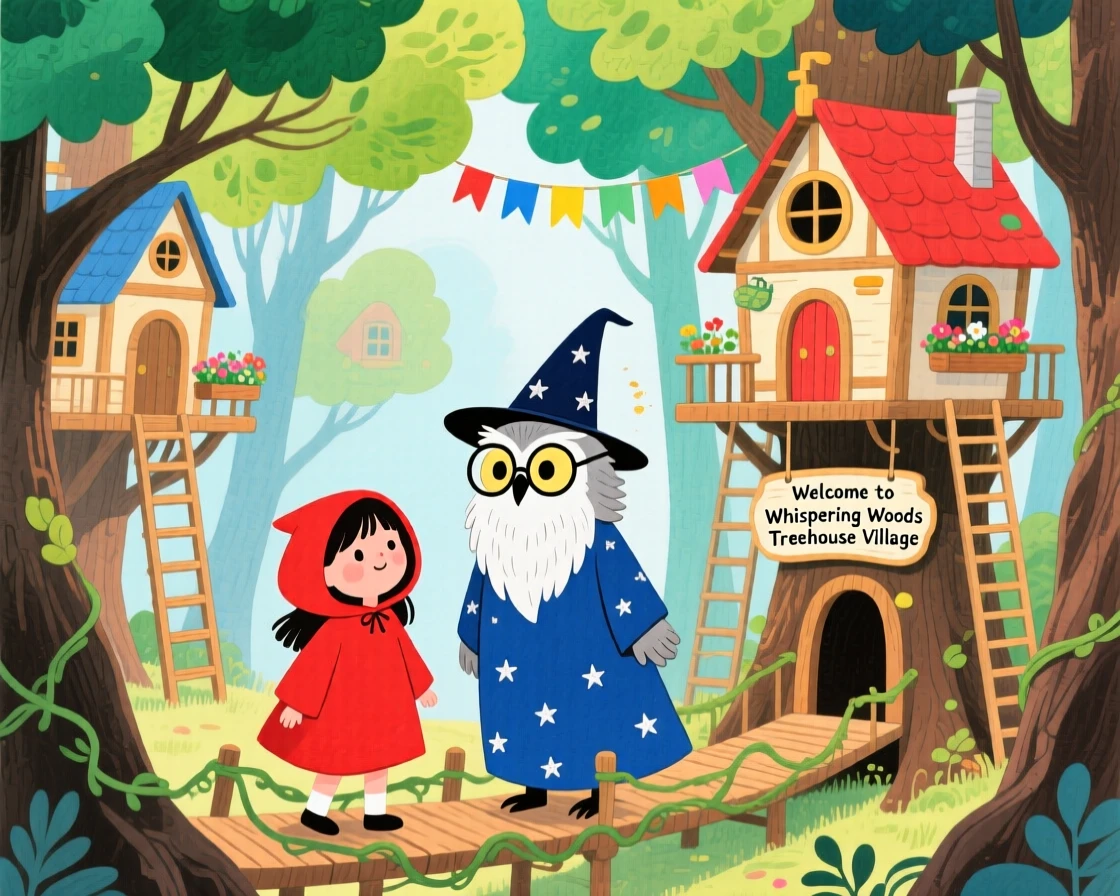 A little girl in a red hooded cloak and a wise old owl wizard exploring a magical treehouse village together.