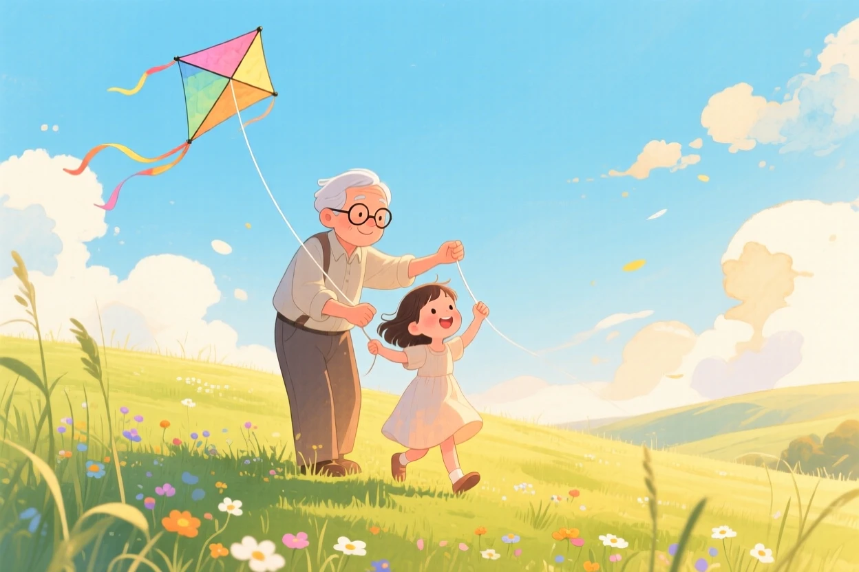 A grandfather teaching his granddaughter to fly a kite, in an open green hillside under a bright sky, with warm golden hour lighting, the gentle passing down of simple joys.