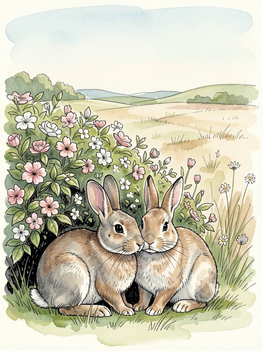 A pair of rabbits nestled together beneath a blooming hedge, the surrounding landscape stretching wide and open behind them.