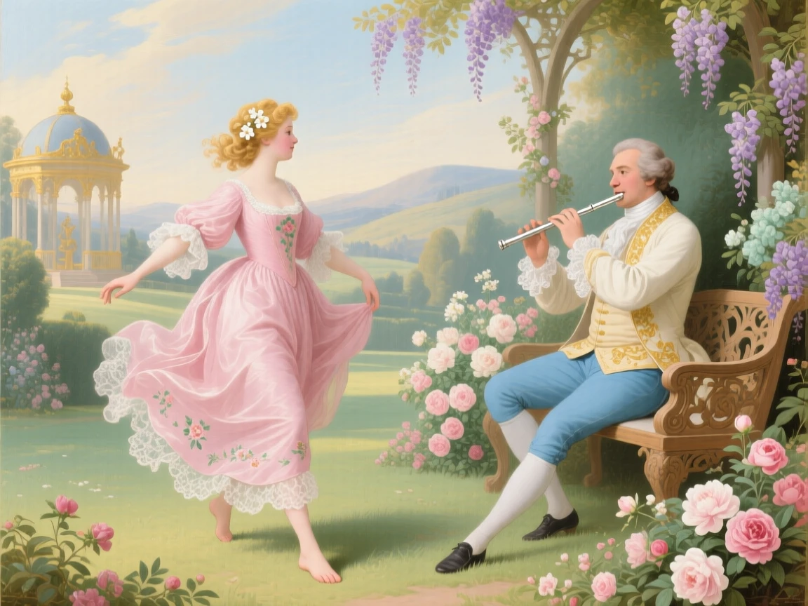A lady dancing barefoot on a lawn while her admirer plays a flute  