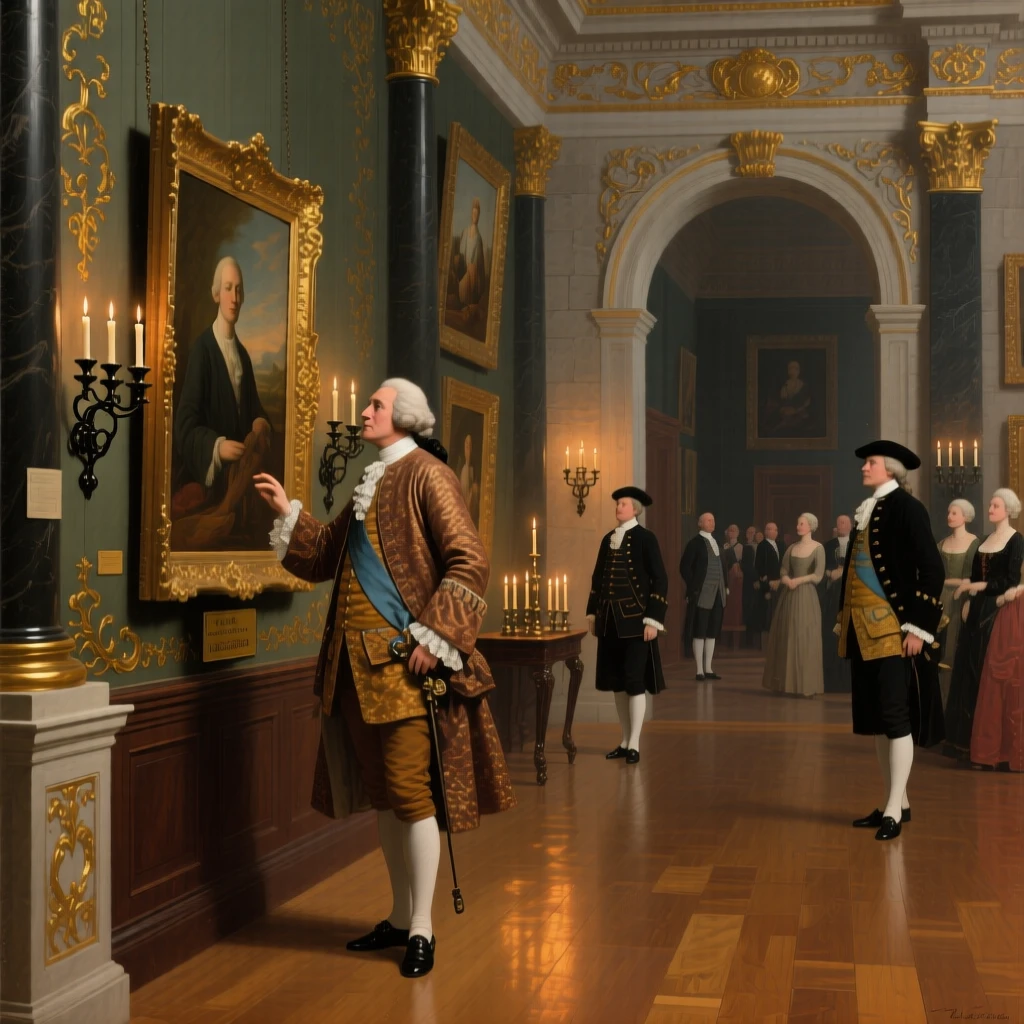 A wealthy patron admiring paintings in his private gallery as candlelight flickers across polished floors, set within a private chapel adorned with gold leaf, with liveried servants moving quietly among the guests; rich architectural framing lends grandeur without crowding the figures, capturing the warmth of family bound by legacy.