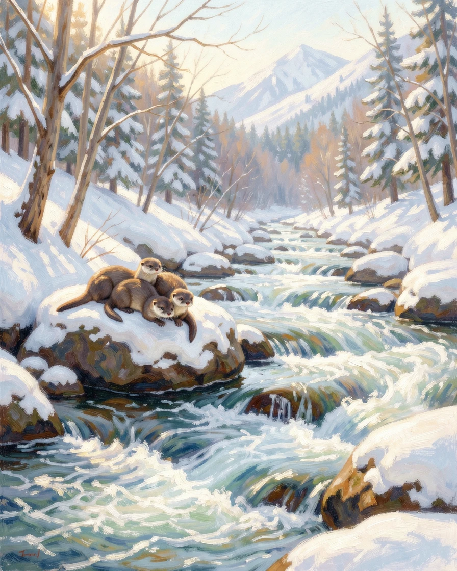 A family of otters resting on a sun-warmed rock beside a rushing mountain stream, under a fresh blanket of snow, radiating serenity and gentle stillness.