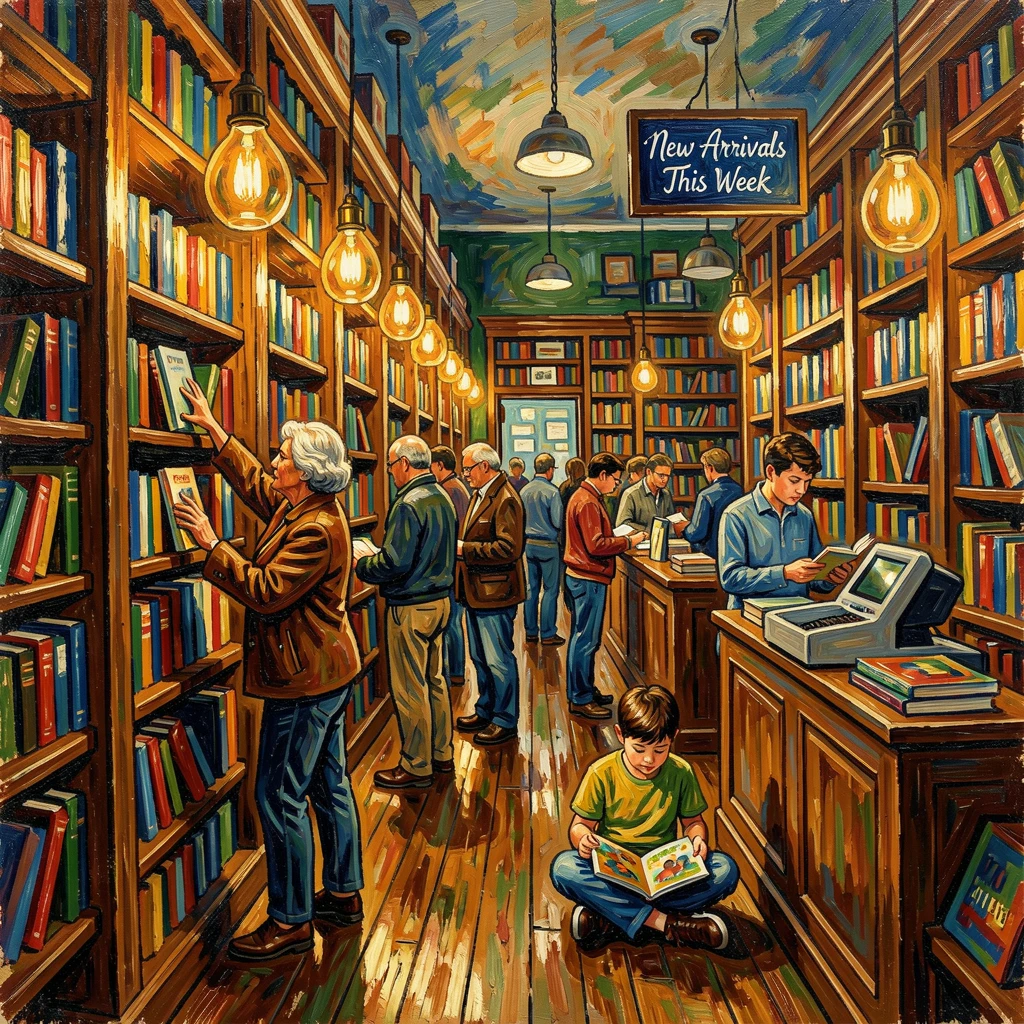 A busy bookstore with customers browsing shelves beneath warm hanging lamps.