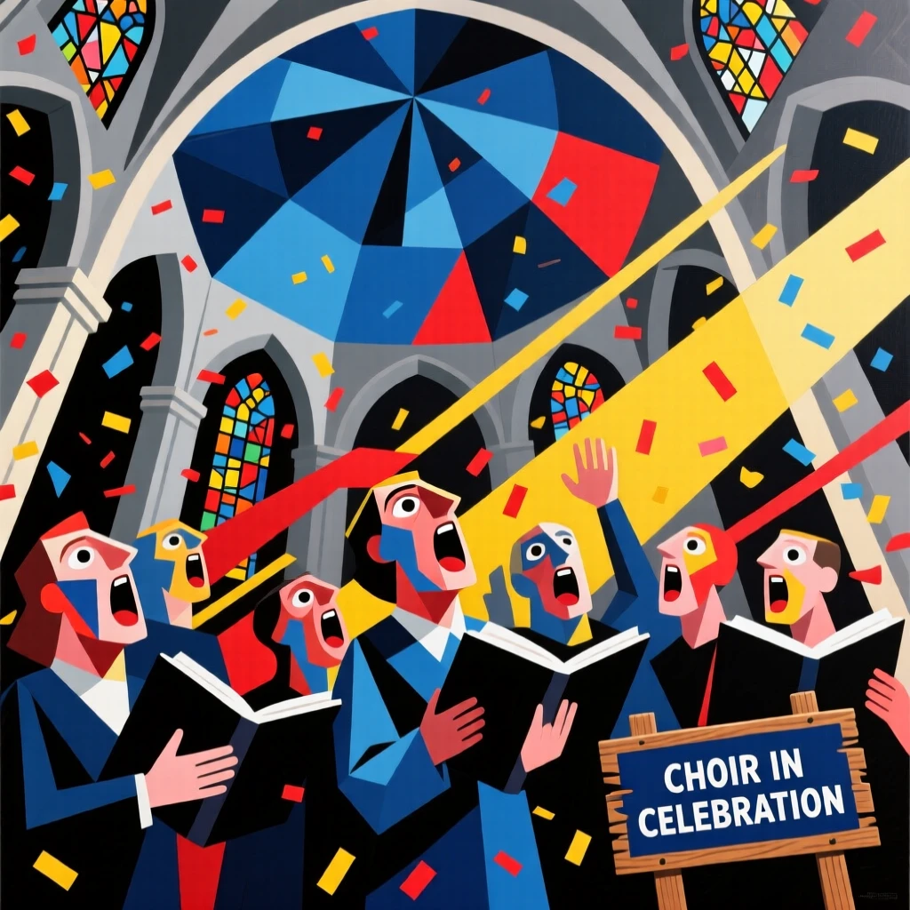 An energetic scene of a choir singing beneath a cathedral dome, captured amid falling confetti and cheers.