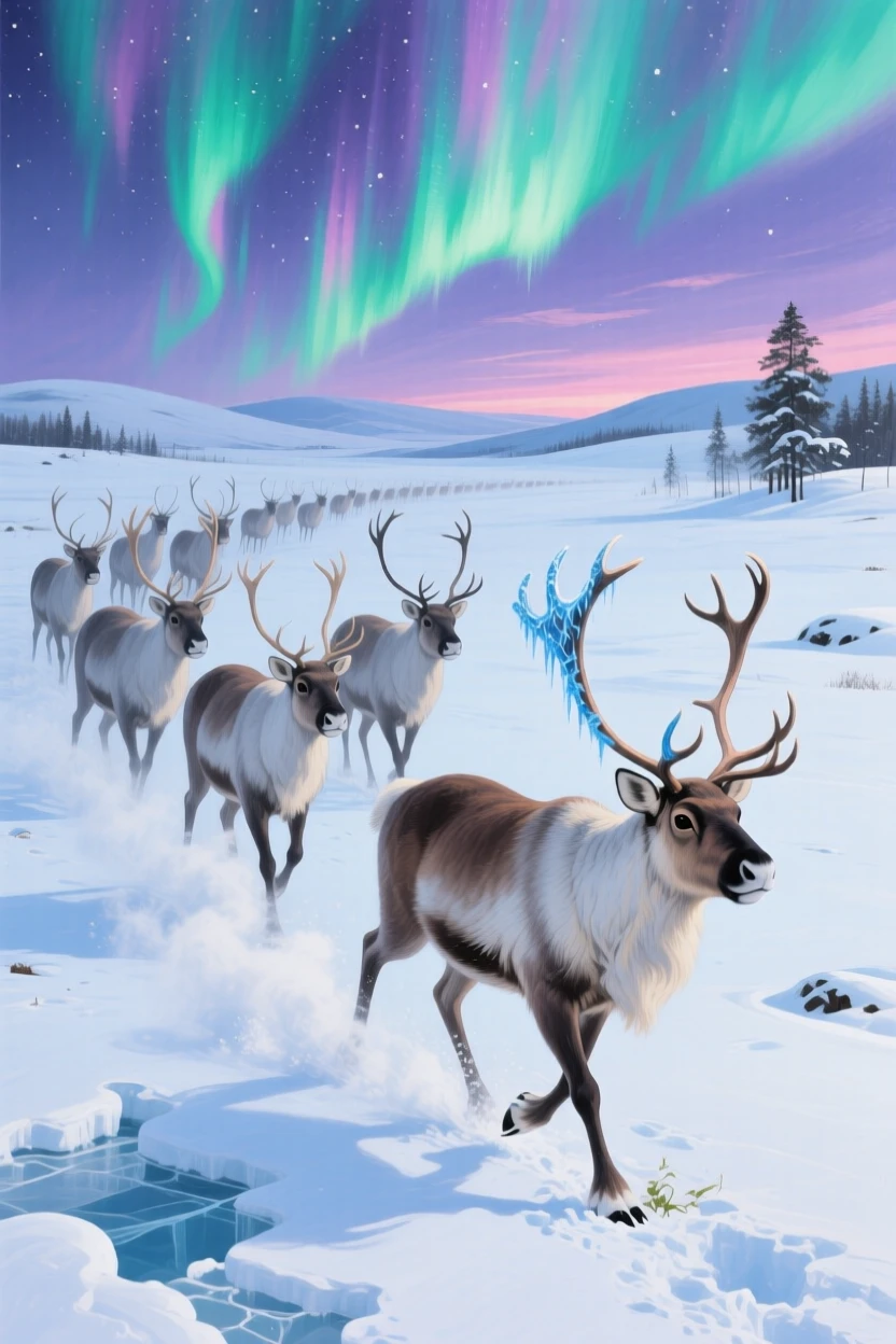 A majestic reindeer herd crosses a snow-covered tundra in Lapland, breath visible in the frigid air beneath a sky glowing with aurora light, the play of light across its form emphasizing the animal's natural grace and presence.