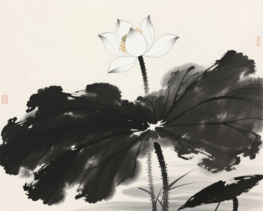 A single white lotus rises above a cluster of broad green leaves, beneath the first light of a summer morning.