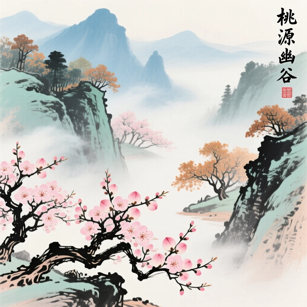 A hidden paradise valley of blossoming peach trees lost in the mist, in late autumn.